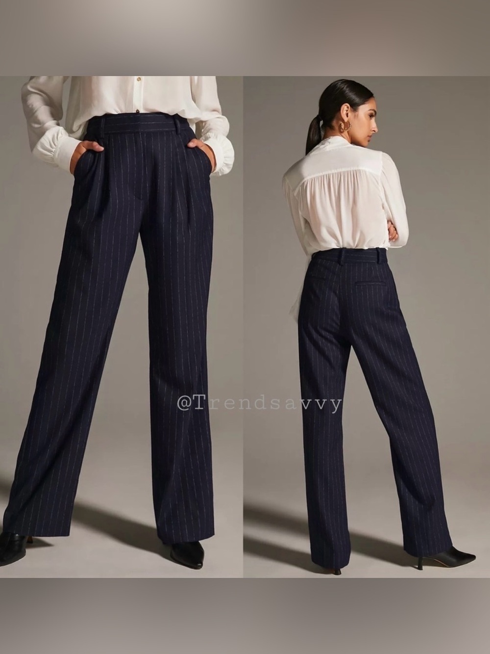 Anthropologie Favorite Daughter Navy Pinstripe Wide Leg High Rise Trouser Pants